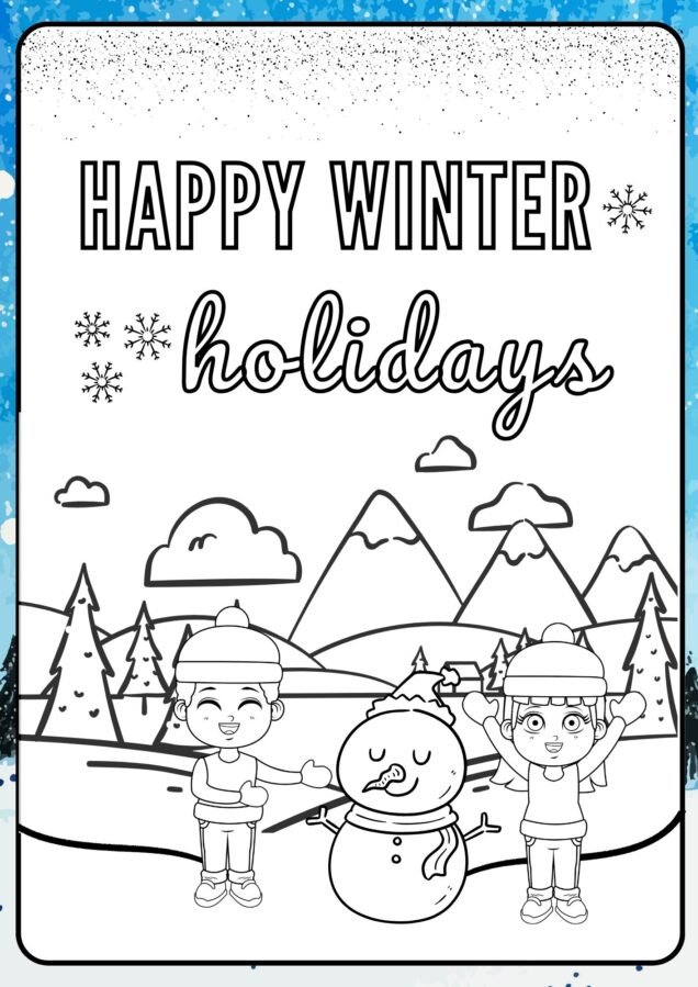 Snow covered mountain winter holiday coloring pages