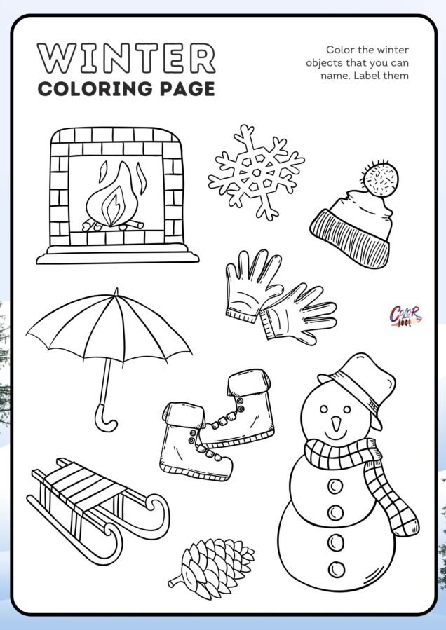 winter color pages, Snowman coloring page with a scarf and hat.