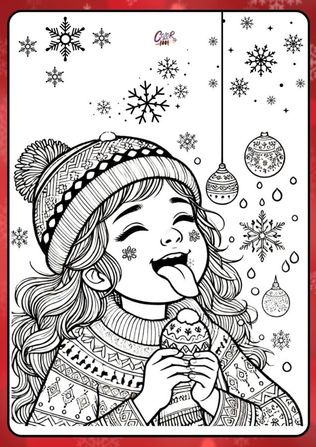 cute girl touching snow- winter coloring printables