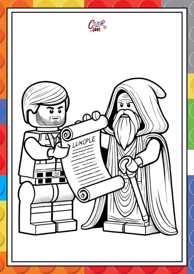 LEGO Emmet standing next to Vitruvius coloring in