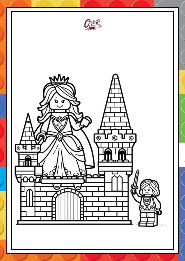 free printables of lego princess coloring pages wearing a crown and gown.