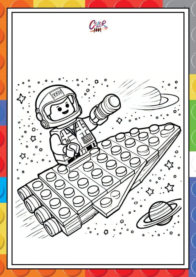 lego minifigure coloring page of space station.