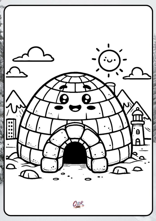 Igloo in a snowy field winter printable coloring pages