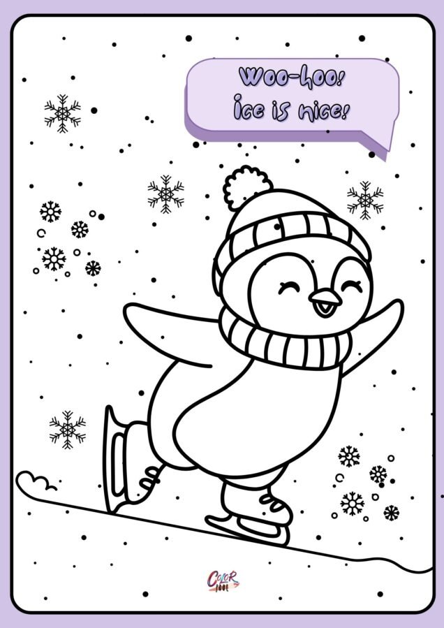 Ice skating penguin winter animal coloring pages