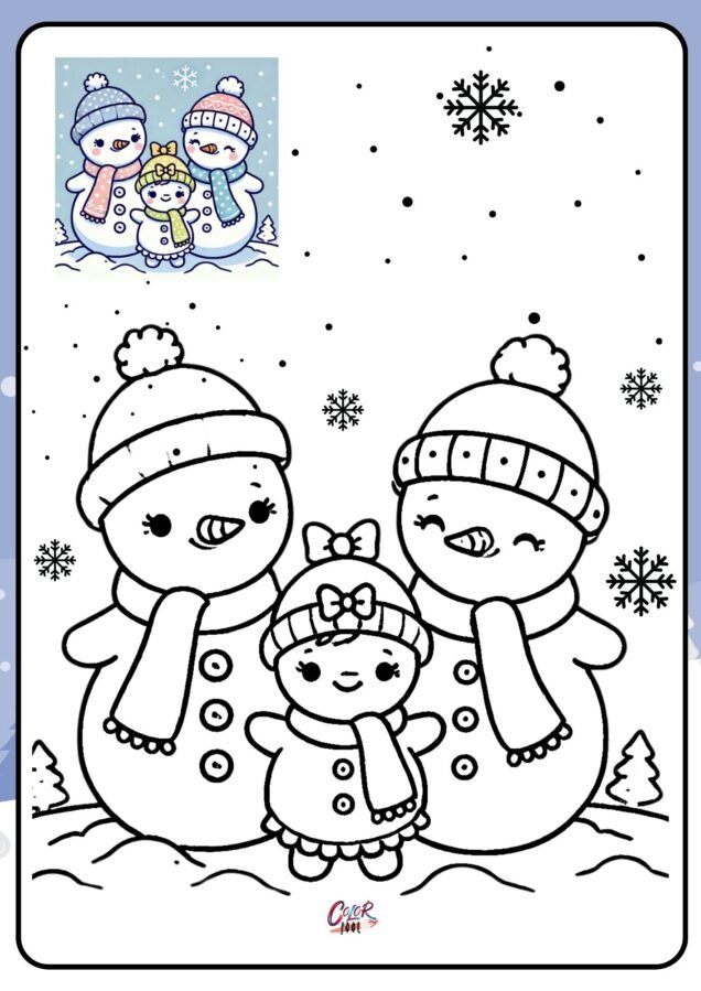 preschool coloring pages for winters, Snowman family