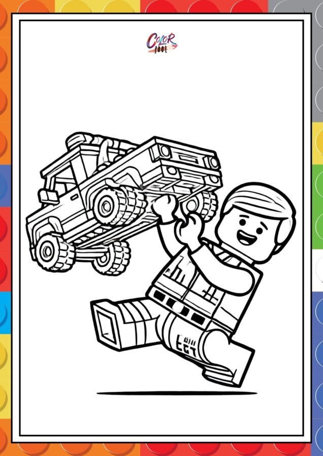 coloring lego pages flying holding a lego car.