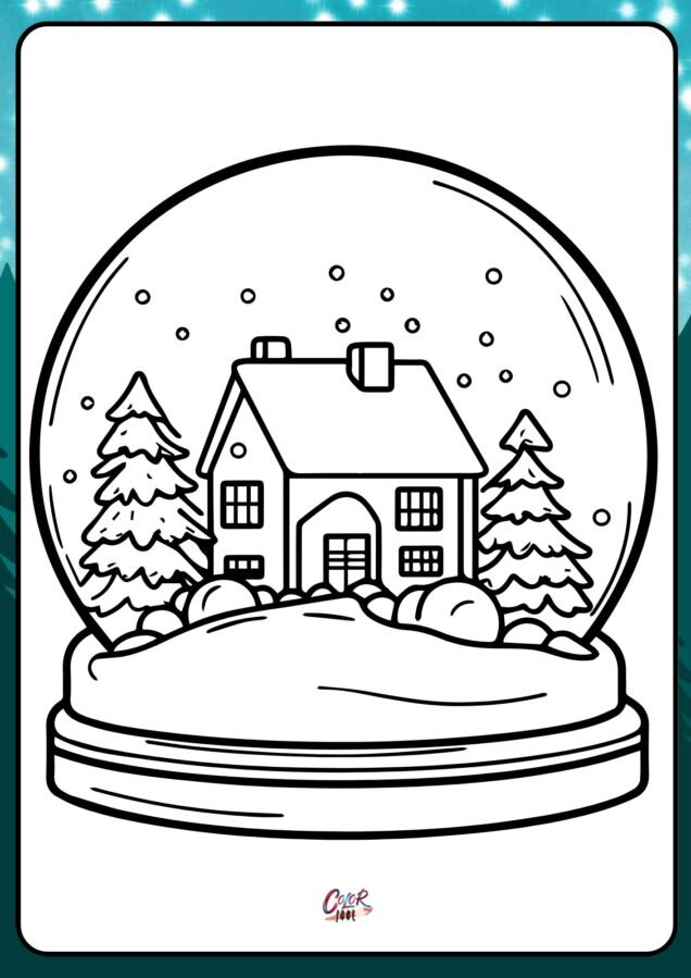 Snow globe with a tiny house inside free coloring winter pages