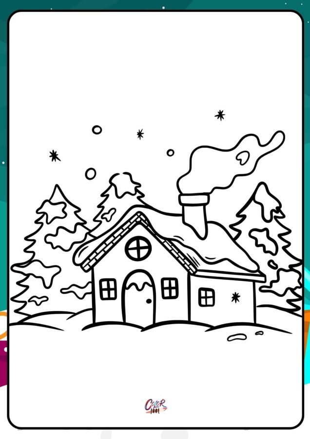 Cozy cabin in the snow winter scene coloring page