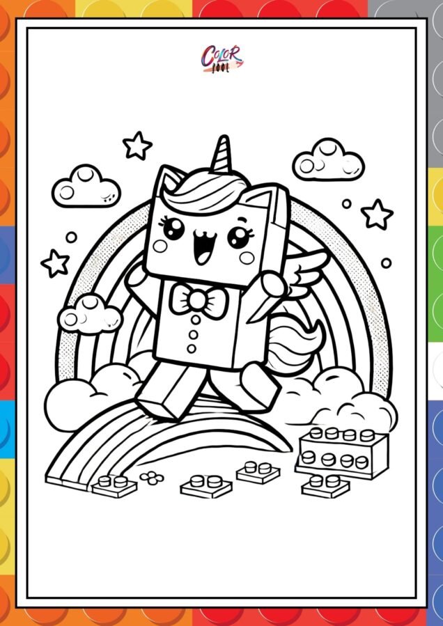 coloring sheets lego unikitty walking on the rainbow.