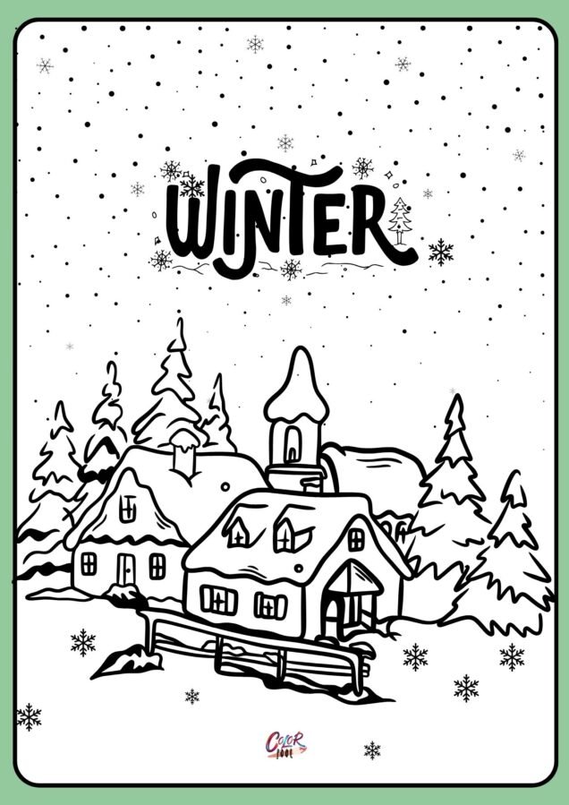 coloring pictures for winter scene with snowy trees