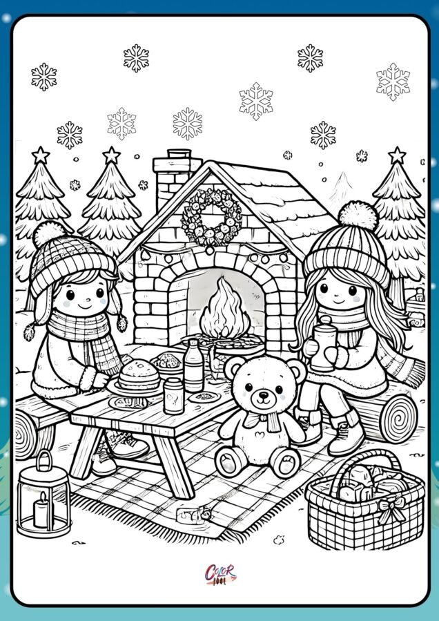 Cozy fireplace with Christmas winter activity page