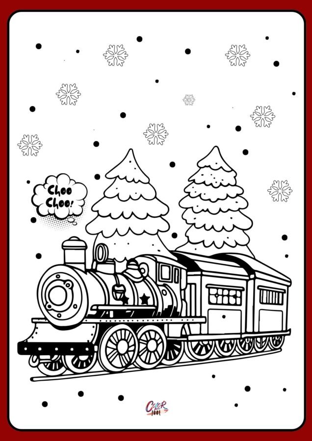 Snowy train, simple winter coloring pages for kids