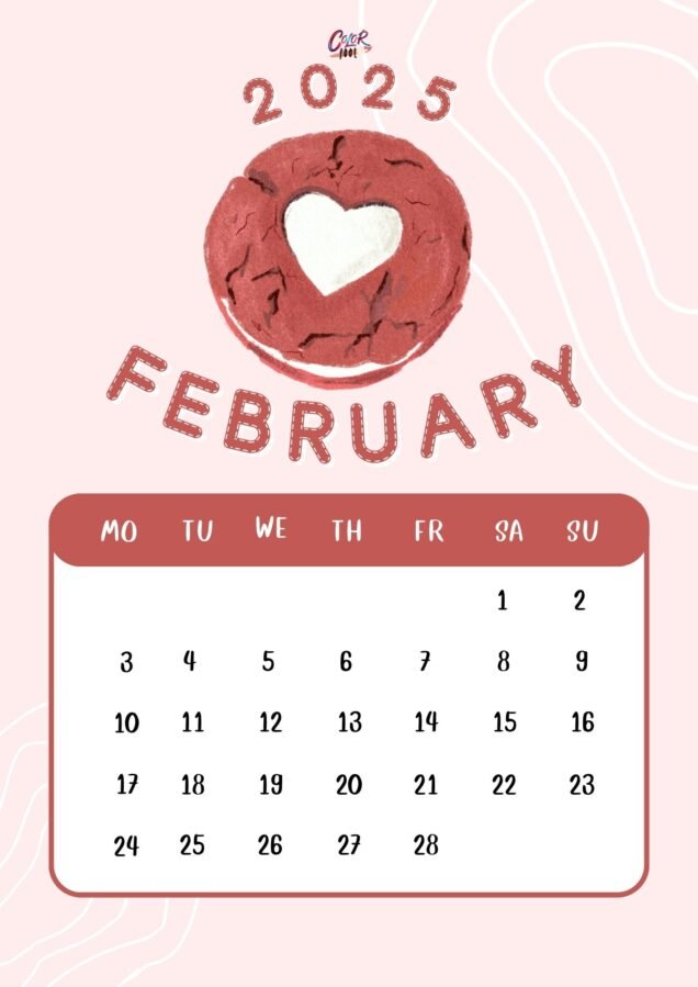 Hand-drawn February 2025 calender with decorative elements.