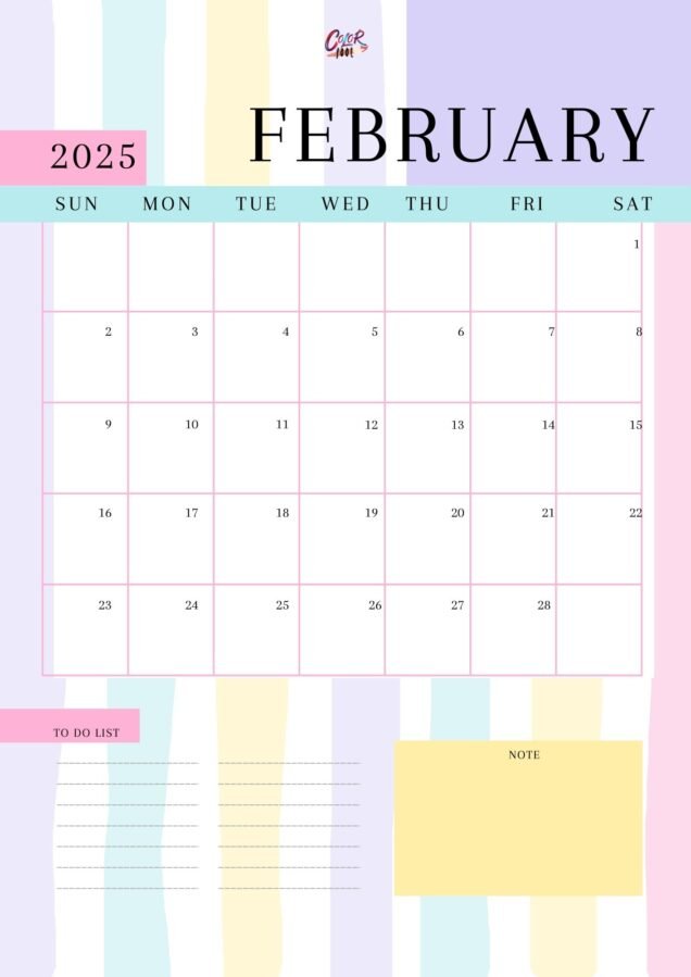 Printable February calendar for 2025 with vibrant colors.