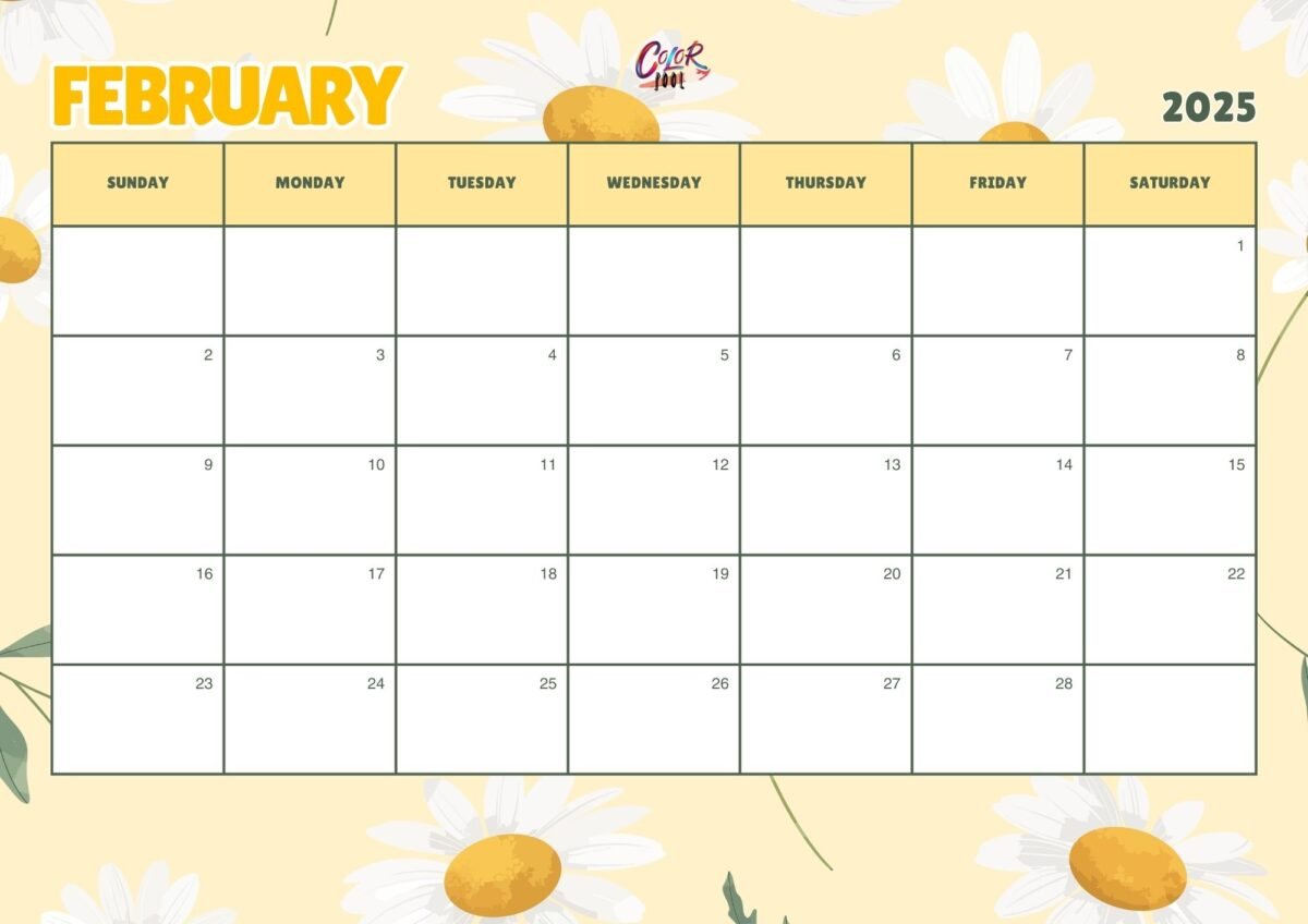 Horizontal February 2025 calendar landscape format.