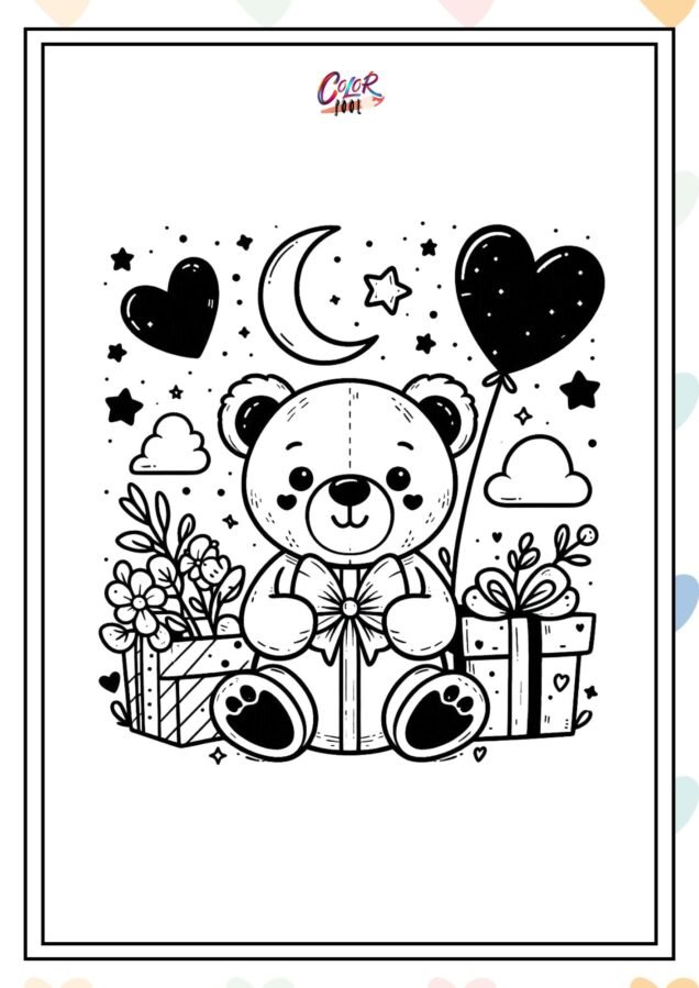 teddy bear valentines day coloring pages​ with gifts for kids