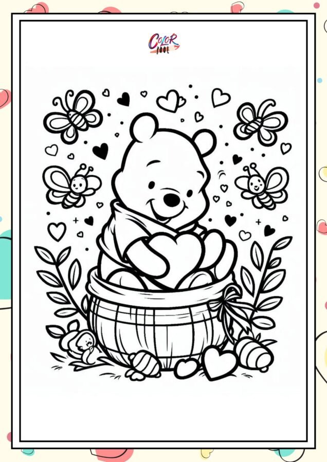 pooh disney valentines day coloring pages​ sitting with honey bees.