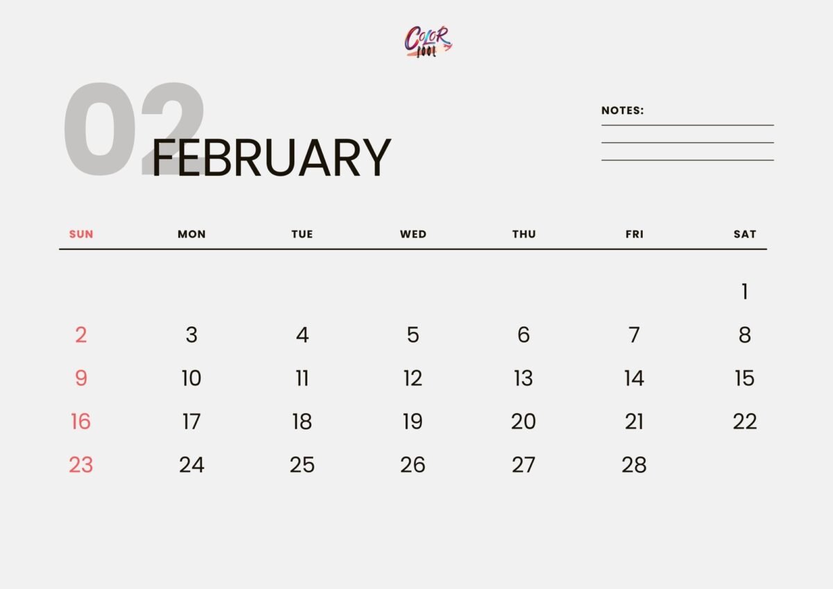 Aesthetic Feb calendar featuring modern typography.