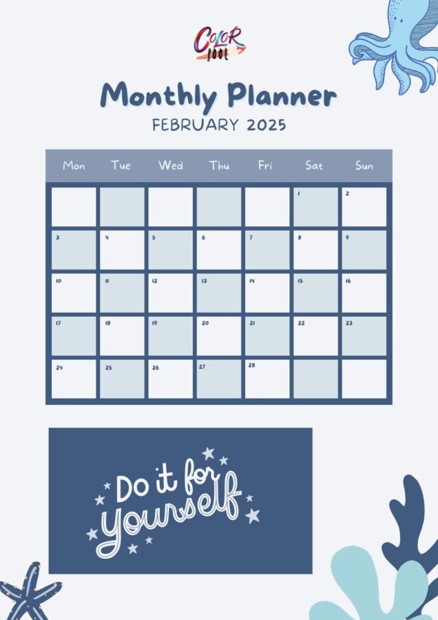 Monthly planner for calendar February 2025.