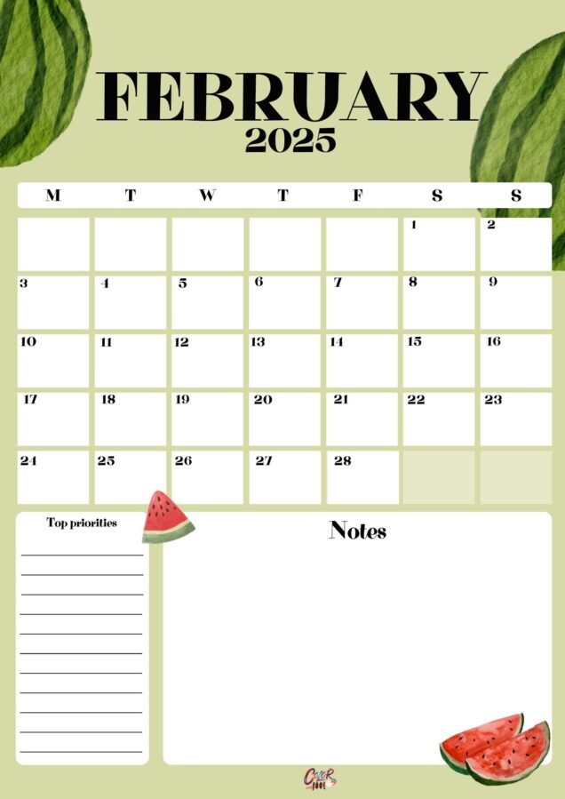 Cute February 2025 calendar printable for kids.