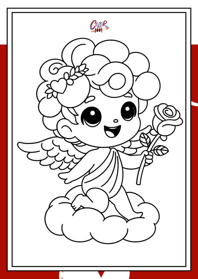 coloring page of a cartoon cupid holding rose.