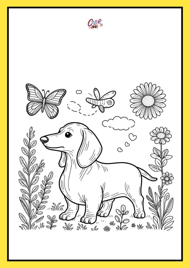 weiner dog coloring page playing with a butterfly