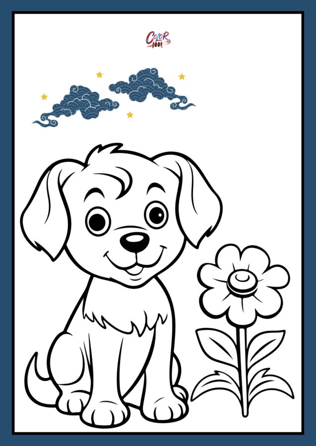 Printable Coloring page dog with flower