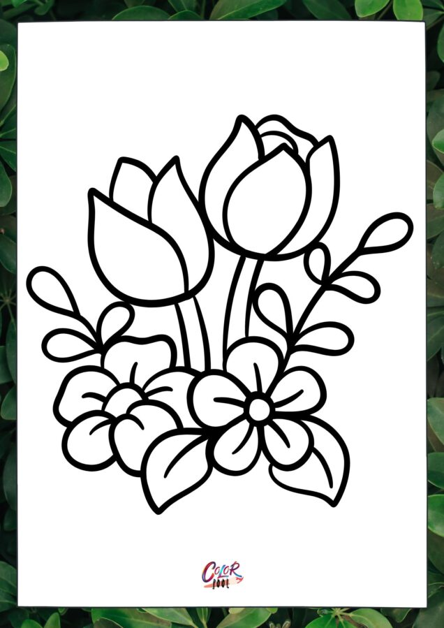 Printable flower coloring pages with rose and leaves