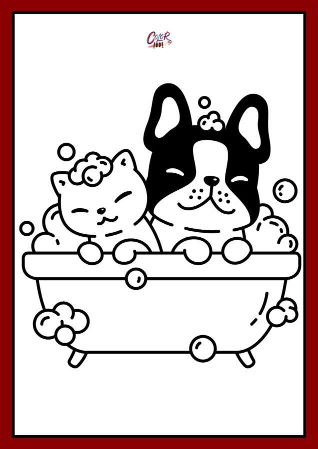 cat and dog coloring pages bathing together