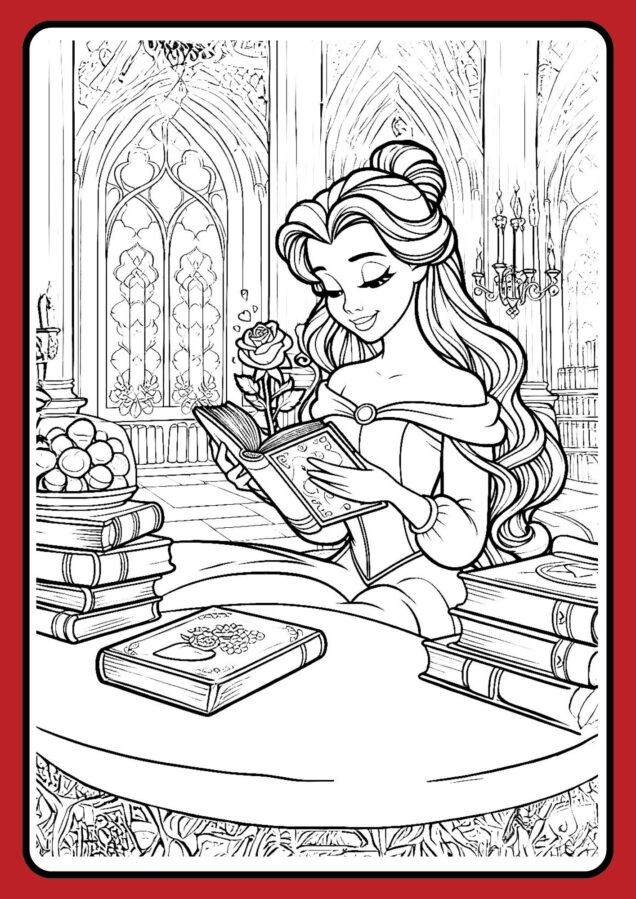 belle reading beside a glowing rose