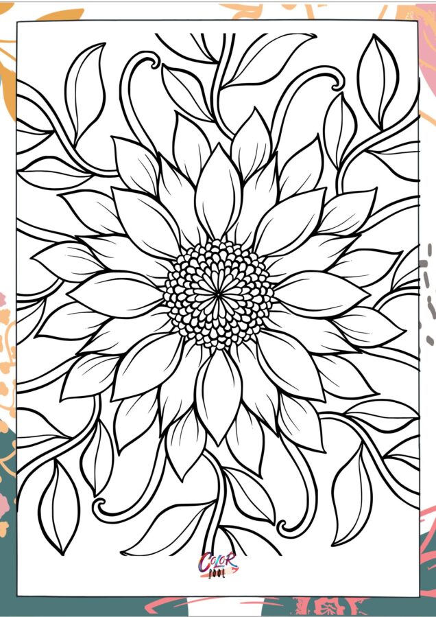 Adult coloring flower pages with intricate line work