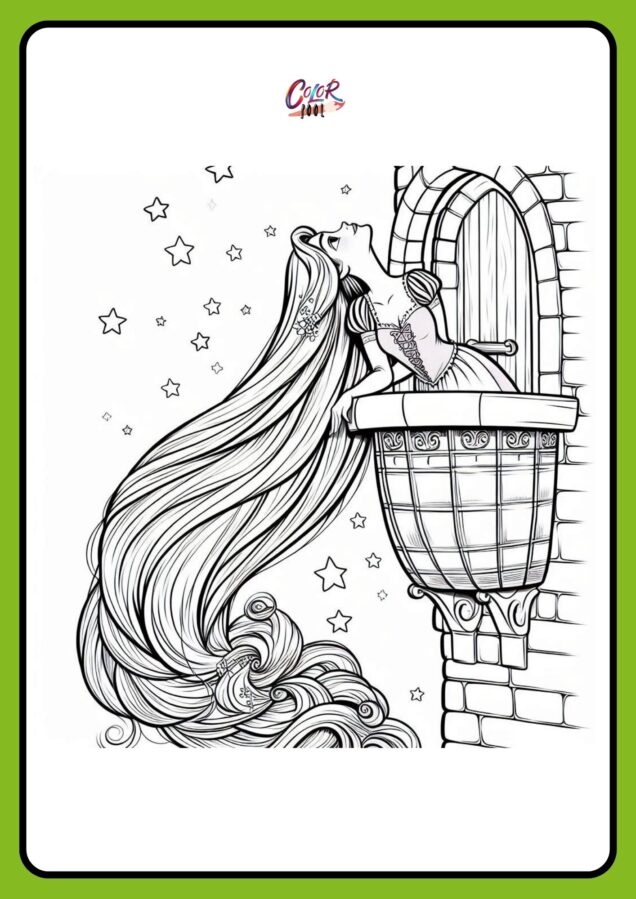 Rapunzel letting down her long hair from the tower window.