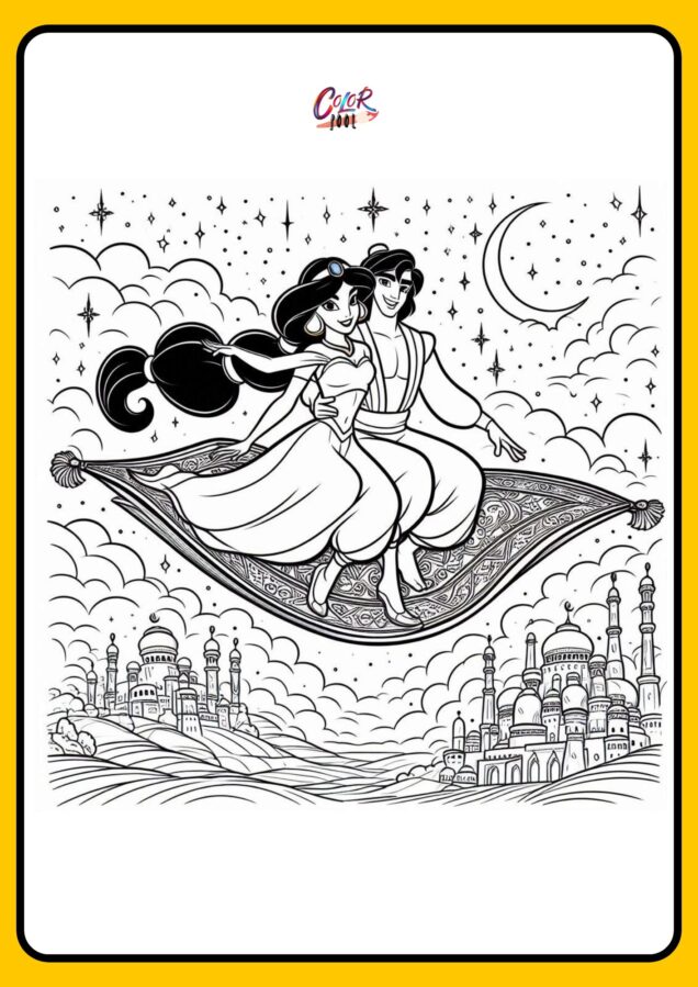 Jasmine and Aladdin soaring above Agrabah on their magic carpet.