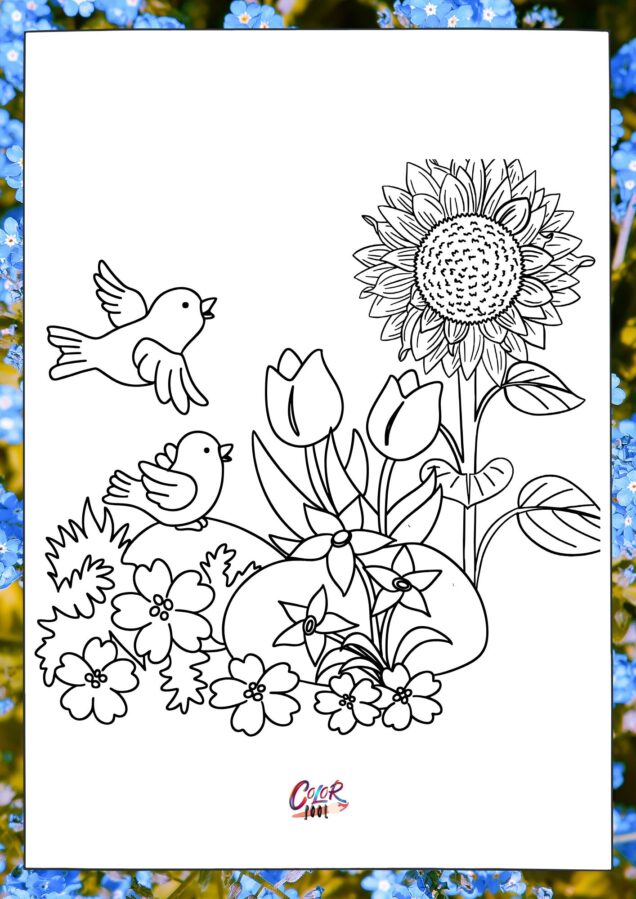 Spring flower coloring pages with daisies and butterflies