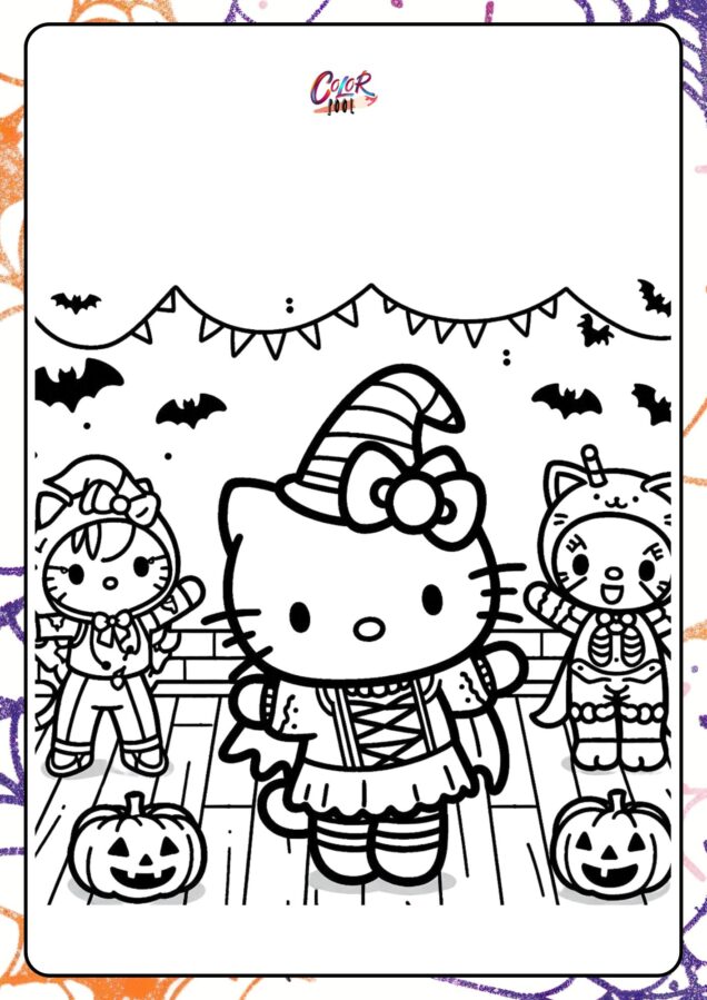 Hello kitty and friends halloween coloring pages with bats and ghosts