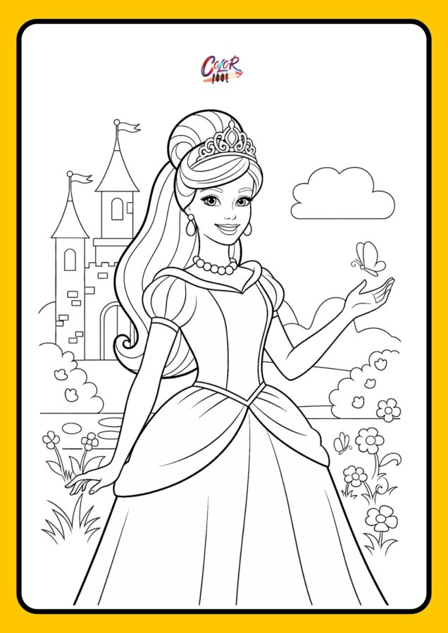 coloring page barbie princess playing with a butterfly