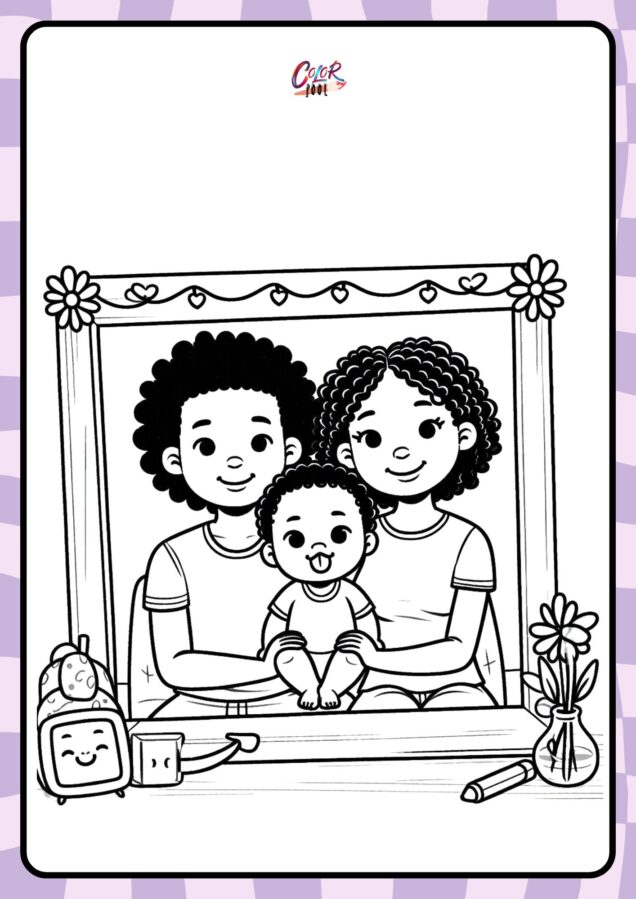 Baby coloring pages in a family photo frame