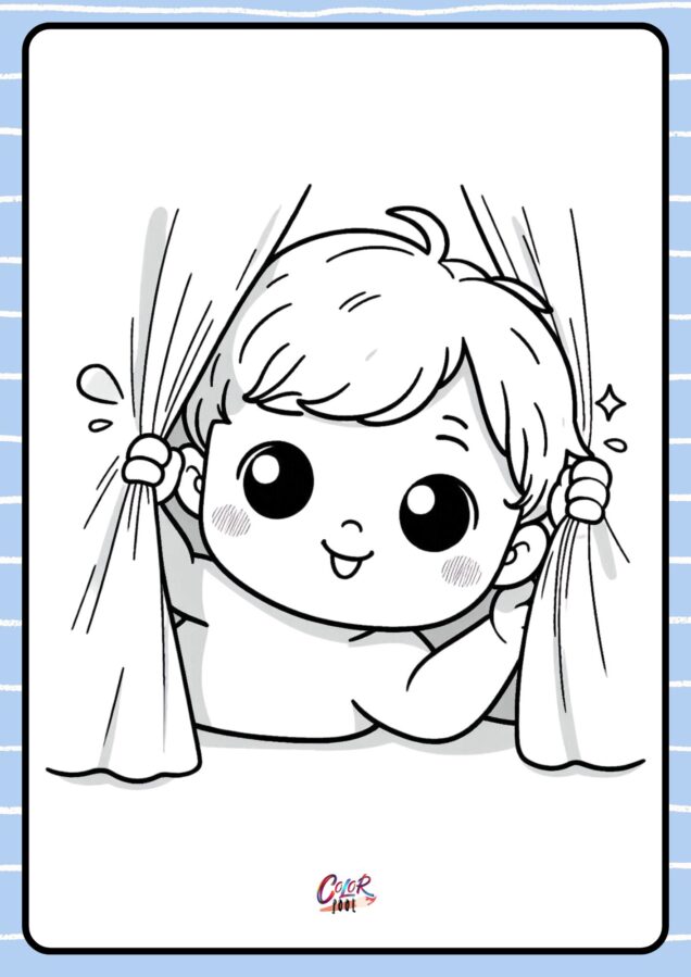 Free baby coloring pages of a infant peeking through curtains